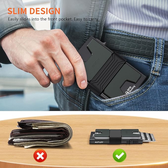 AUTLEY Airtag Wallet for Men, Slim Wallet with Airtag Holder, Aluminum RFID Blocking Pop Up Card Wallet with Cash Band (Black)