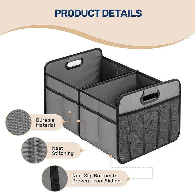 YSSOA 2 Compartments Car Trunk Organizer, 600D Oxford Polyester Car Storage, Anti-slip 14" D x 22" W x 12" H Collapsible Trunk Storage, Suitable for SUV, Minivan, Truck, Grey