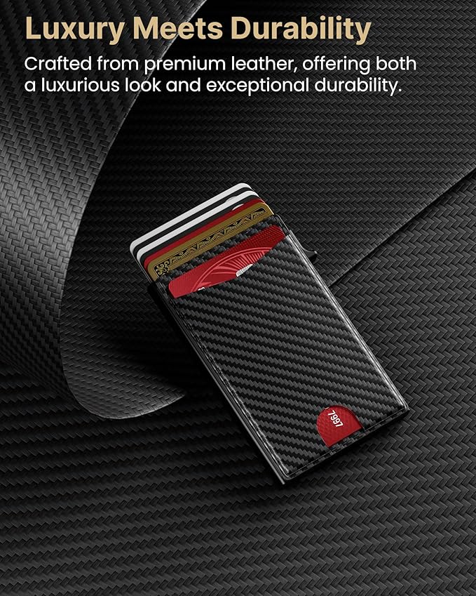 typecase Flip Pop Up Wallet for Men Card Holder: Smart Privacy & ID Display Mode, RFID Blocking, Slim Genuine Leather, Minimalist Front Pocket - 8 Card Capacity | ID Window | Money Clip (Carbon Fiber)