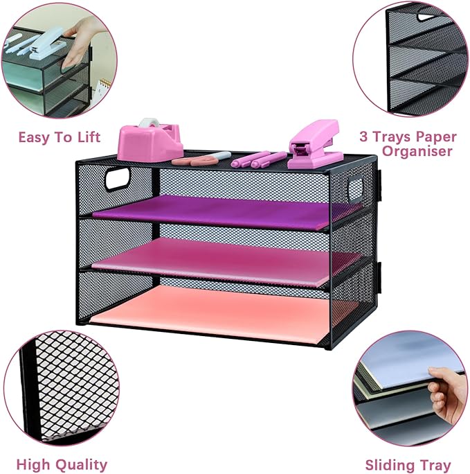 3 Tier Lettrer Tray Organizer, Metal Mesh Desk File Organizer with Sliding Trays, Paper Sorter Desk Organizer for Home Office School, Black