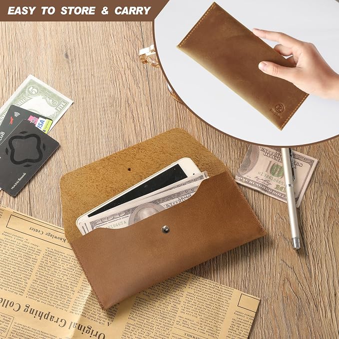 Ringsun Genuine Leather Cash Envelopes, Reusable Budget Envelope, Retro Clutch for Men & Women, Minimalist Wallet, Bourbon Brown