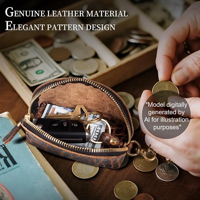 Gexmil Genuine Leather Coin Purse with Zipper, Full Grain Leather, Mini Coin Pouch for Women Men, Change Wallet,Giant Pebble Brown