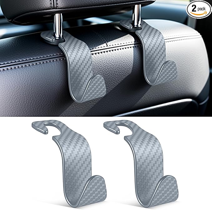 SINGARO Universal 2 Pack Car Seat Headrest Purse Hook, Carbon Fiber Back Seat Hook Storage Organizer Hanger for Purse Handbag Coat, Car Interior Accessories(Gray)