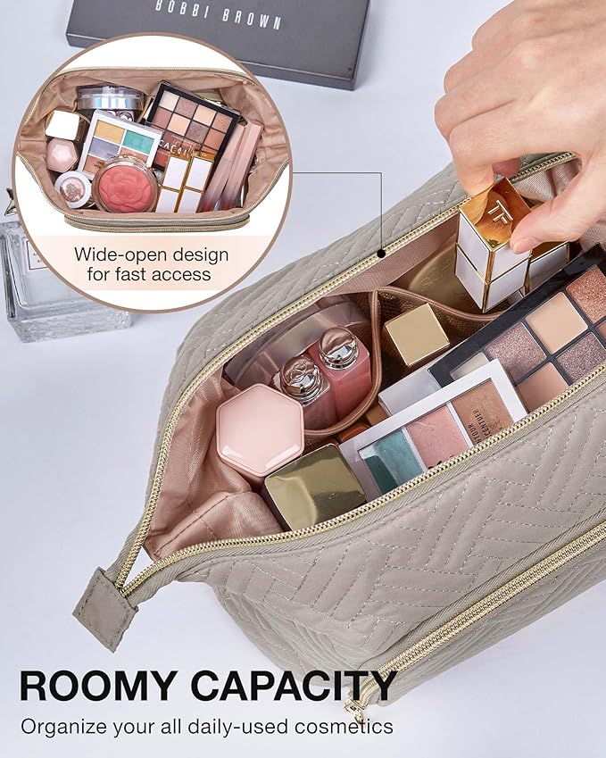 BAGSMART Travel Makeup Bag, Cosmetic Bag Small Make Up Organizer Case,Wide-open Pouch for Women Purse for Toiletries Accessories Brushes,Large Tranquil Gray