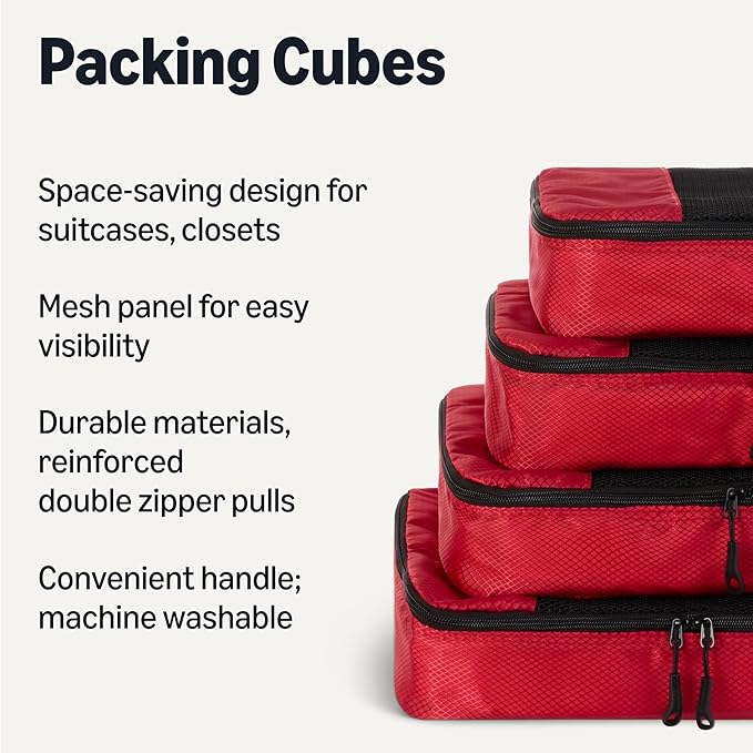 Amazon Essentials 4-Piece Packing Cubes Travel Accessories Set, Luggage Organizer with Double Zipper, Mesh Top, Space-Saving, Medium, Red (Previously Amazon Basics)
