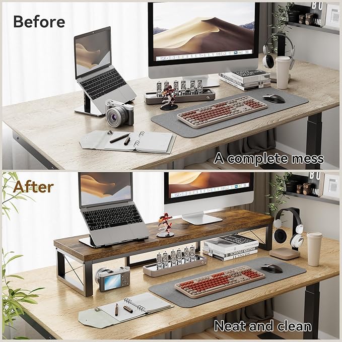 IBUYKE Large Dual Monitor Stand Riser for 2 Monitors, Wooden Desktop Computer Monitor Stand Storage Shelf and Steel Legs,Dual Screen Office Desk,Monitor Riser for Computer, Printer,Laptop,TV,Rustic Brown UTDJ002H