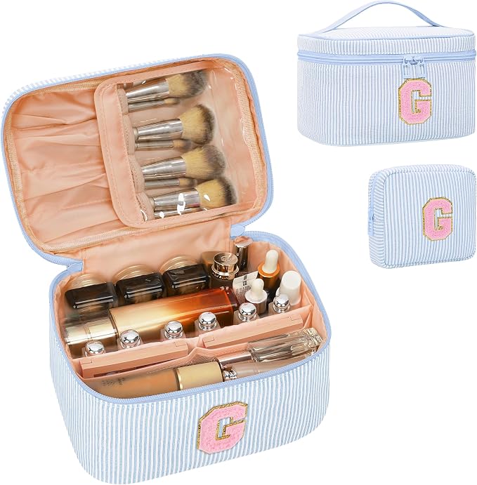 MONSTINA Personalized Initial Makeup Bag with Brush Holder for Women,Make Up Case for Girlfriend Bridesmaid Wife,Birthday Gift for Her Cute Toiletry Bag,2PCS,Blue G