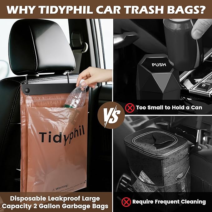 150 PCS Disposable Car Trash Bags Hanging, Leak-proof, Odor Seal. 2 Gallon Car Garbage Bags, Big Capacity. Independent of Car Trash Can, Easy Stick-On Car trash Bin for Car, SUV, Truck, Stroller.Brown