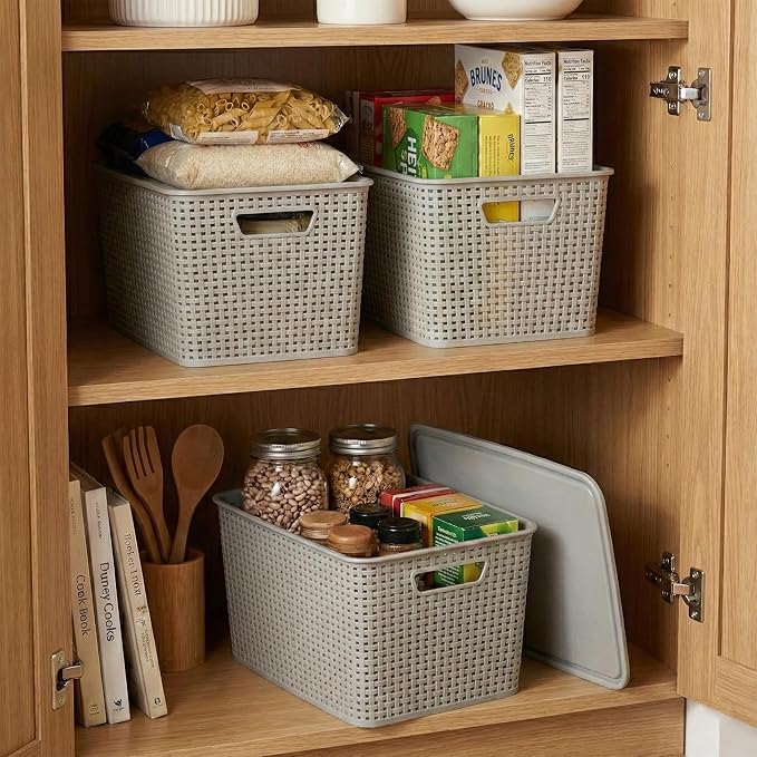 BINO | Plastic Storage Baskets with Lids, 22 Liter - 3 Pack, Natural Grey | THE WOVEN COLLECTION | Storage Basket for Shelves | Woven Storage Baskets for Organizing Bins | Pantry Shelf Organizer Bin