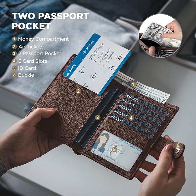 VULKIT Leather Passport Wallet for 2 Passports Slim Double Passport Holder RFID Blocking Passport Travel Wallet with ID Window for Women