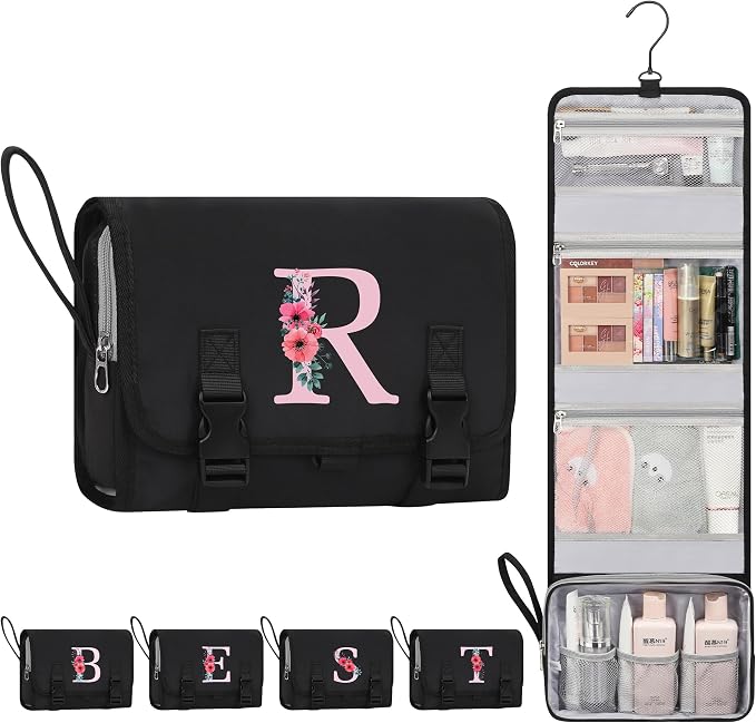 Relavel Travel Hanging Toiletry Bag, Personalized Initial Makeup Bag for Full-size Toiletries with Metal Hook, Birthday Gifts for Women Mom Daughter Sister Friends, Cruise Essentials - Black R