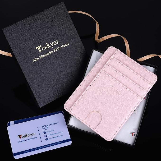 Teskyer Slim Wallet for Men, Minimalist Front Pocket RFID Blocking Leather Wallet Credit Card Holder for Men & Women