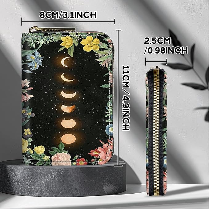 Cute Credit Card Holder with Zipper, Moon Flower RFID-Blocking Card Case Small Wallet for Women Men, Multi-slot Card Organizer Case Travel Accordion Wallet
