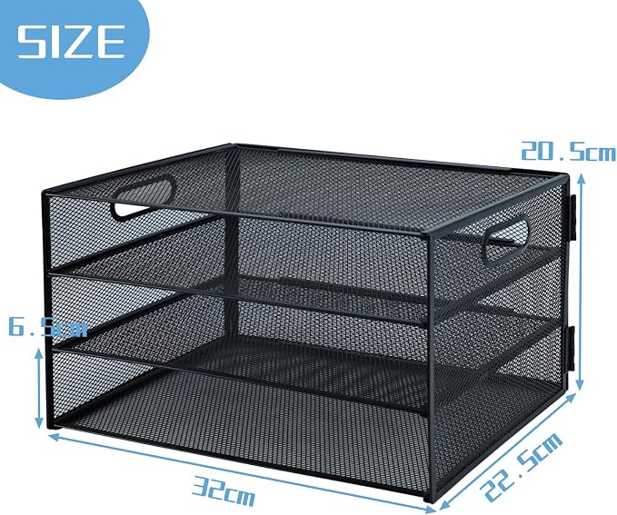 3 Tier Desk Organiser with Handle, Pull-Out Mesh File Organizer for Letter Tray Organizer Mesh Desk Organiser Tray Paper Storage Rack for A4 File Office Supplie, Black