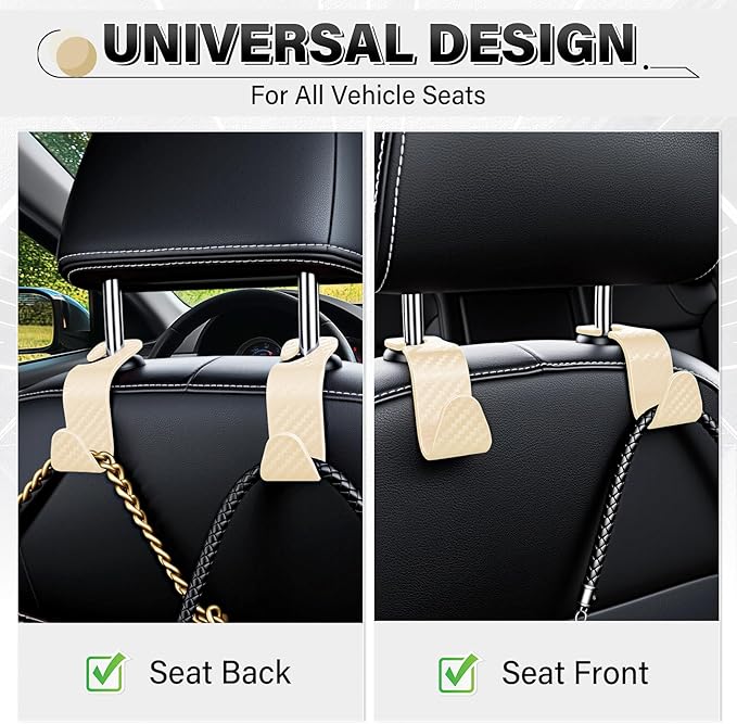 SINGARO Universal 2 Pack Car Seat Headrest Purse Hook, Carbon Fiber Back Seat Hook Storage Organizer Hanger for Purse Handbag Coat, Car Interior Accessories(Beige)