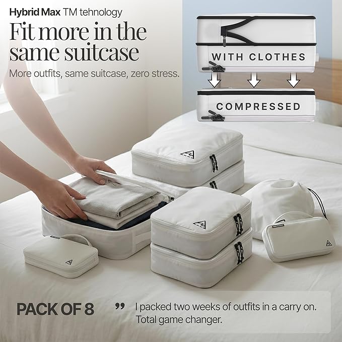 Well Traveled 8 pcs Compression Packing Bags Cubes Set with HybridMax Double-Capacity Design - Packing Cubes for Travel Compression to Maximize Limited Luggage Space, White