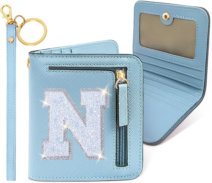 COSHAYSOO Small Wallet for Women Teenager Girl Personalized Initial Gift Preppy Letter Monogrammed Patch Mini Purse Waterproof for Travel Credit ID Cards Cash Holder Novelty Organizer Blue N