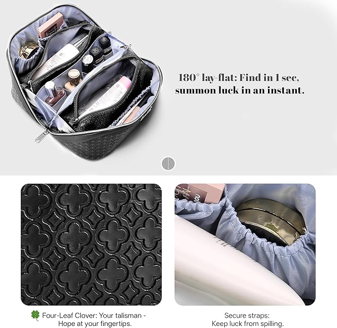 BOYATU Travel Makeup Bag for Women: Four Leaf Clover Large Capacity 3 Pcs Set Cosmetic Bags - Waterproof 50% Extra Space for Toiletry Organizer - Travel Essentials for Fortunate (06 Black)