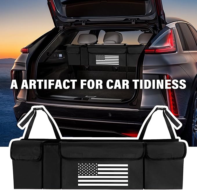 Turcee Car Trunk Organizer,Large Capacity Car Storage Organizer with US Flag Design,Hanging Foldable Car Organizers and Storage Car Interior Accessories (Black)