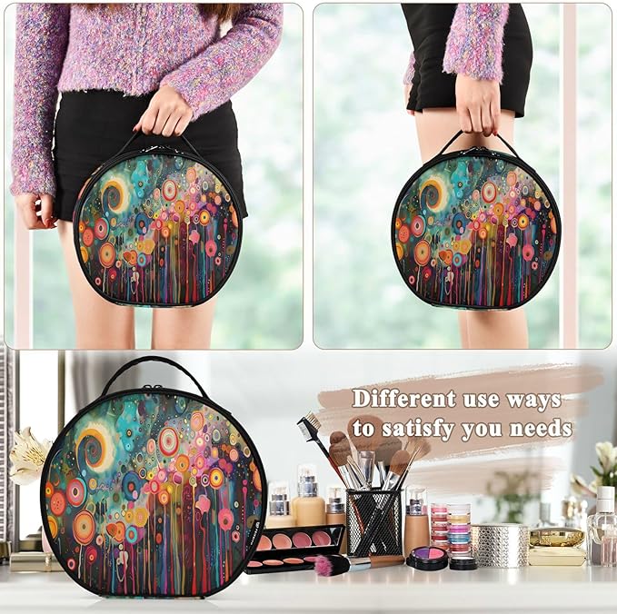 senya Round Cosmetic Pouch Travel Makeup Train Case Flower Drawing Makeup Organizer Bag with Adjustable Dividers Portable for Cosmetics Makeup Brushes Toiletry Jewelry Accessories