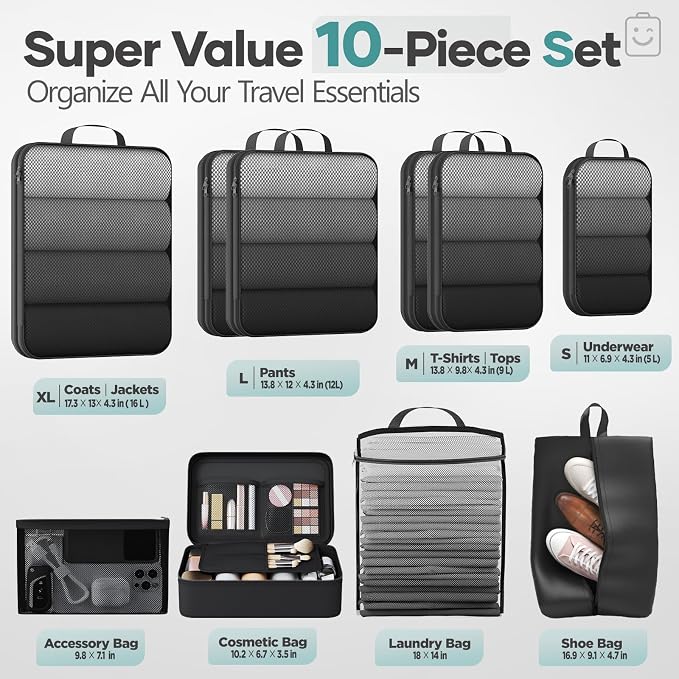 Veken 10 Set Compression Packing Cubes for Travel Essentials,Compressible Expandable Large Luggage Suitcase Organizer Bags for Clothing,Durable Space Saver Storage Bags with Makeup Bag(Black)