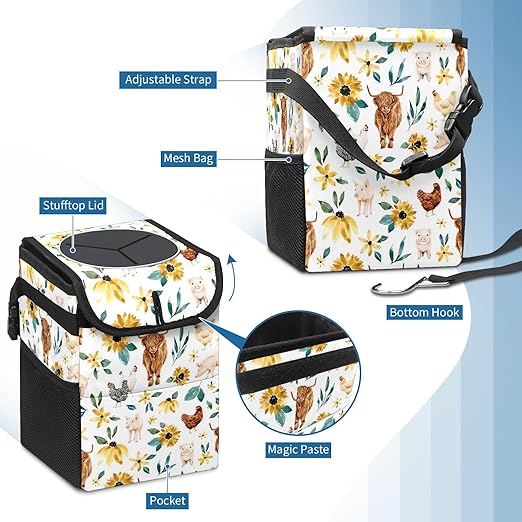 Car Trash Can with Lid Boho Floral Highland Cow Pig Collapsible Reusable Leak-Proof Auto Garage Bag,Hanging Vehicle Car Accessories Interior Car Organizer