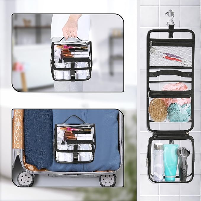 Clear Toiletry Bag with TSA Liquids Travel Bag, Hanging Travel Transparent Makeup Cosmetic Organizer, Waterproof Carry On Airline 3-1-1 Compliant Bag Quart Sized Luggage Pouch (Black-Clear)