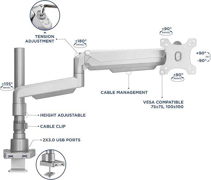 Lorell, LLR99802, Pole Single-Monitor Arm, 1 Each, Gray