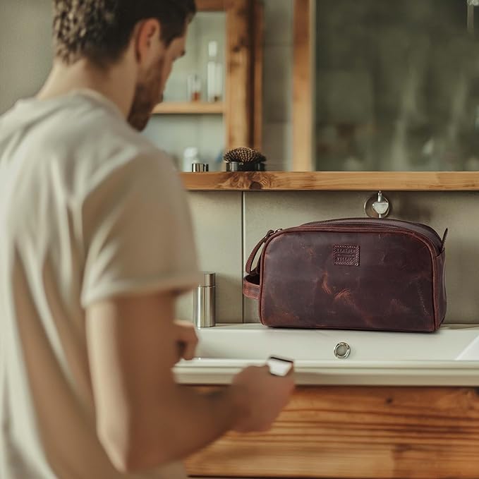 LEATHER VILLAGE Genuine Leather Toiletry Travel Bag With Waterproof Lining - Mulberry Brown | King-Size Handcrafted Vintage Dopp Kit Bag, Shaving & Bathroom Organizer, Gift for Men & Women