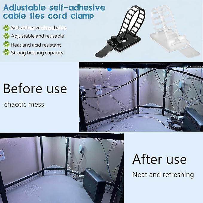Adjustable Adhesive Cable Management Clips 100Pcs, Large self Adhesive Cable Ties Clips ，Suitable for Cable Management Under desks and on Walls(Black)