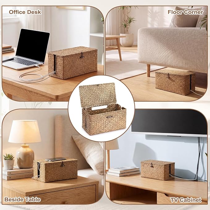 BTSKY Woven Cable Management Box with Lid, Seagrass Cord Organizer with 2 Open Slots for Power Strips & USB Hubs, Under Desk Cord Hider Box for Home Office, Pet Proofing Wire Basket, Small