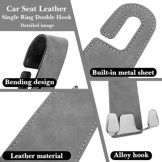Adorila 2-Pack Car Headrest Hooks | 2-in-1 Vegan Leather Purse Hanger & Phone Holder | Automotive Seat Back Organizers for Bags, Hats or Groceries (Grey)