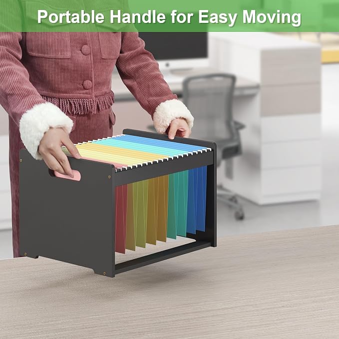Hanging File Organizer Box for Letter Size, 2 Pack Bamboo File Folder Organizer, Storage Moving Boxes with Handle Wood Desk Filing Box for Office Banker Document