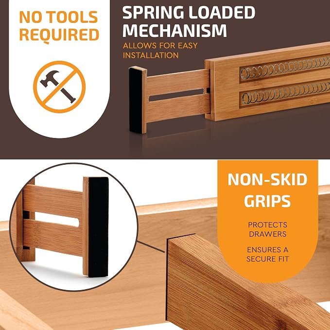 Adjustable Bamboo Drawer Divider Organizers - Fits Large Drawers Sized 17.5" Upto 22"- Expandable Kitchen Drawer Organizer Separators for Utensils, Dresser, Clothes, Bedroom, Bathroom 2-Pack, Natural