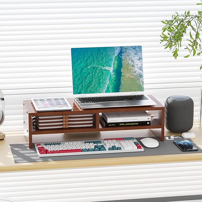 Monitor Stand Riser with Storage, 2 Tier Desk Organizer & Desktop Wood Shelf, Ergonomic Computer Stand for Laptop, PC & Printer, 16" Small TV Riser with 50 lbs Weight Capacity, Walnut Brown
