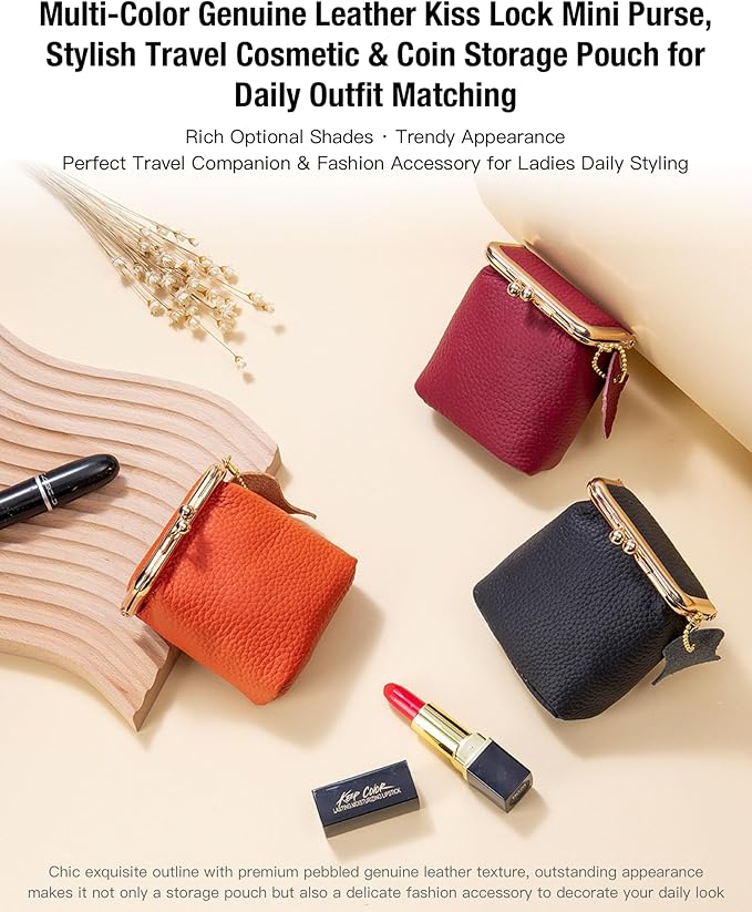 Litchi Leather Coin Purse for Women, Portable Vintage Wallet Mini Lipstick Holder Fashion Solid Color Kiss Lock Key Storage Square Pouch (Green)