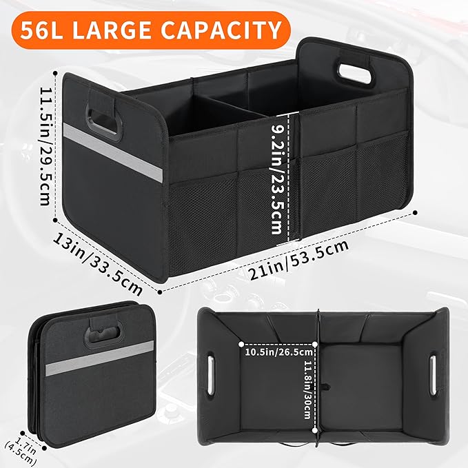 BQKOZFIN Large Capacity Sturdy Trunk Storage Organizer, Water Resistant Collapsible Organization Container, Multi-Compartment Car or SUV Accessories, Black