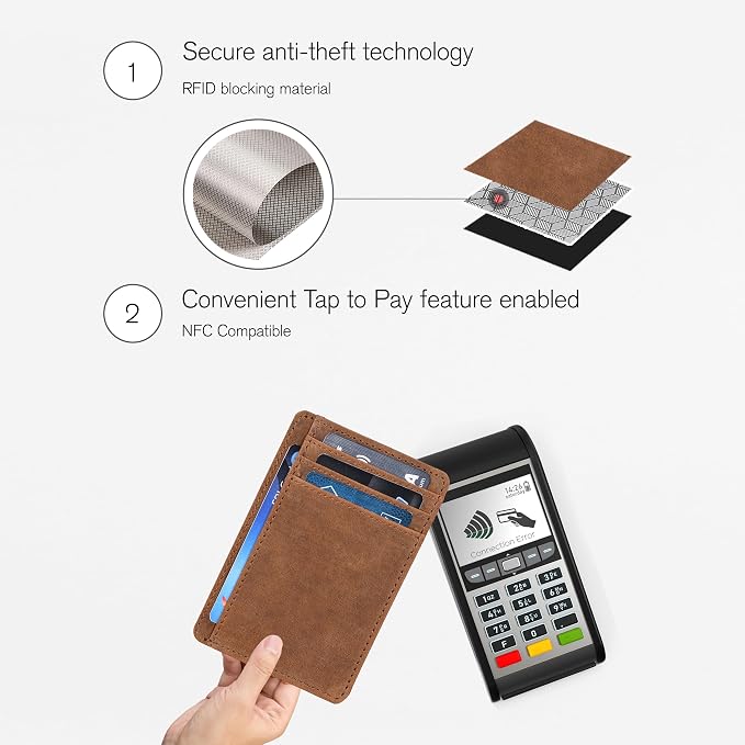 Real Leather Slim Minimalist Wallet for Men and Women -RFID Blocking Front Pocket Thin Credit Card Holder Stylish Wallets (Dark Cognac)