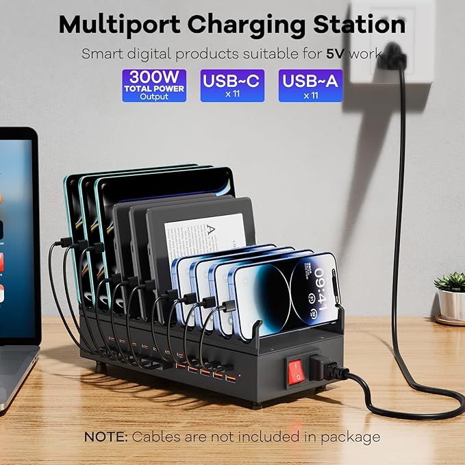 USB~C Charger Block, 300W 22 Port (11 US? A & 11 US?~C) USB Charging Station for Multiple Devices, Desktop Wall Fast Charger with Storage Dividers, US? Power Strip Suitable for Home Office School
