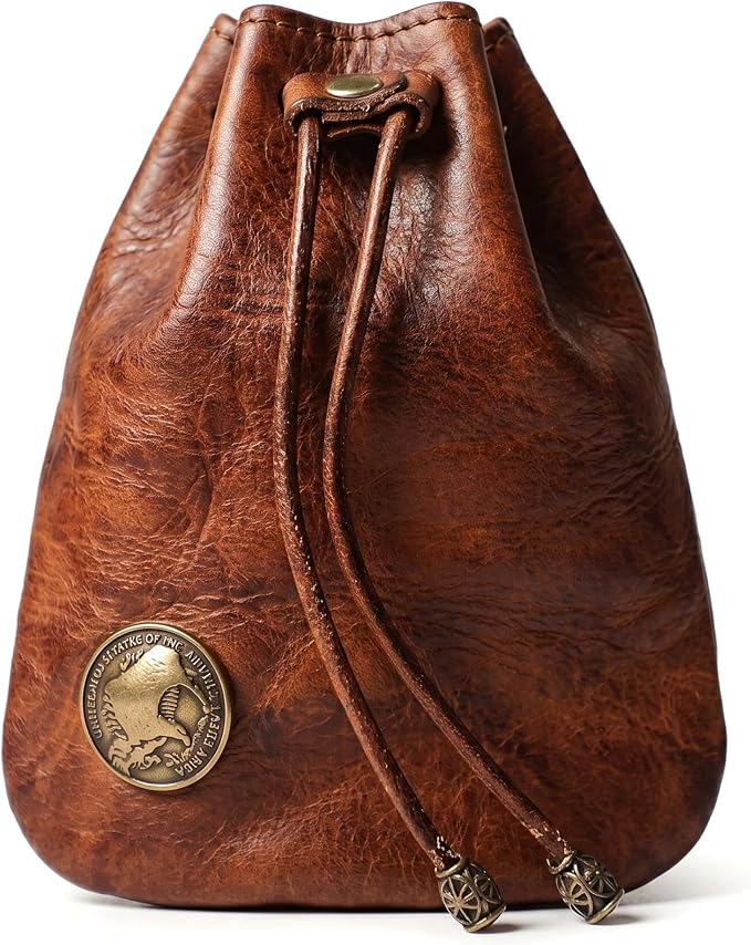 PU Drawstring Coin Purse, Vintage Faux Leather Pouch with Antique Brass Clasp, Portable Drawstring Coin Bag for Coins/Cash/Small Essentials(Brown)