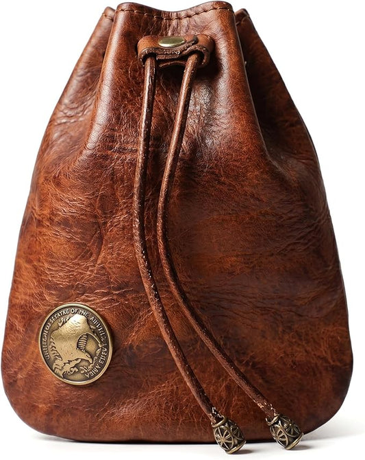 PU Drawstring Coin Purse, Vintage Faux Leather Pouch with Antique Brass Clasp, Portable Drawstring Coin Bag for Coins/Cash/Small Essentials(Brown)