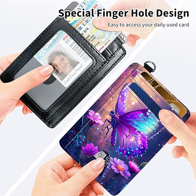 Slim Minimalist Front Pocket Wallet,Credit Card Holder Wallet for Women Men,RFID Blocking Credit Card Holder Case Leather Cute Small Thin Wallet ID Window&Wrist Strap,Purple Glitter Butterfly