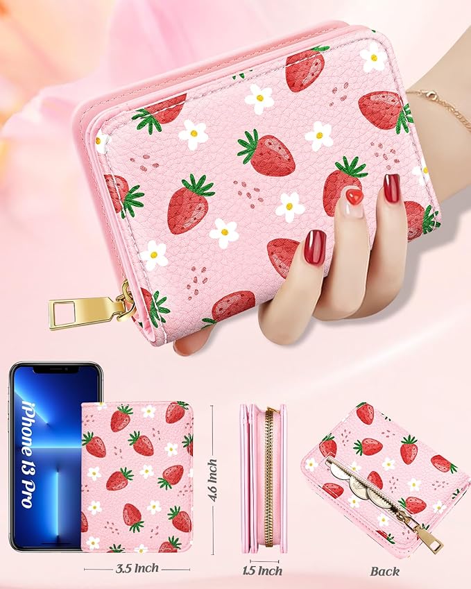 Bistup Credit Card Holder Wallet for Women Cute Leather Ladies Teen Girls Female Cardholder Wallets Accordion Purse Small Medium Aesthetic Print Strawberry Modern Design Rfid Zipper Around