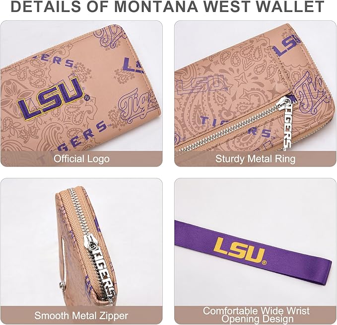 LSU Women Wristlet Purse with RFID Blocking Card Slot, LSU Clutch Zipper Wallet for Gift, Game Day, Concert Essentials | Khaki, NC-LSU011KH