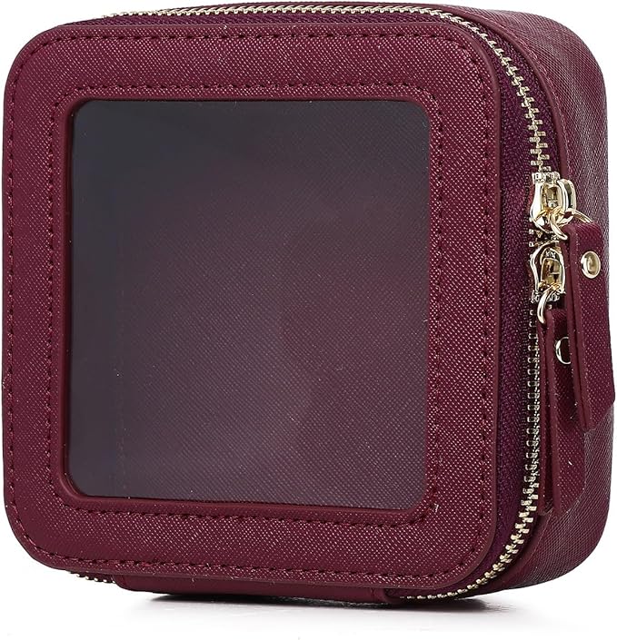 Pinkmik Small Makeup Bag Clear Mini Cosmetic Makeup Case & Toiletry Bag with Zipper Women's Purse Organizer & Car Essentials (X/Burgundy, MINI)