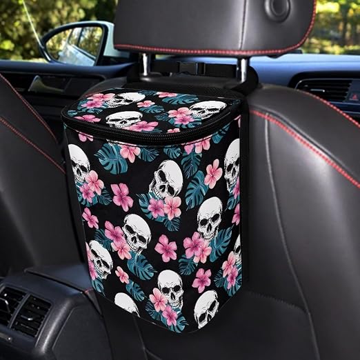 Biyejit Skull Hibiscus Leak Proof Car Trash Can with Lid - Waterproof Automotive Garbage Bin for SUVs, Collapsible and Portable Car Trash Bag