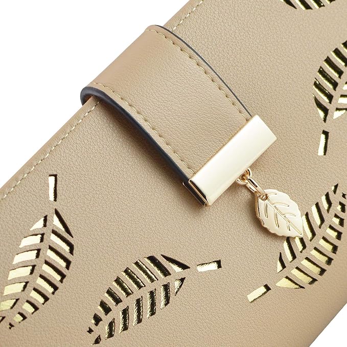 PGXT Women's Wallet Women Credit Card Holder Hollow Leaf Pattern Bifold Leather Lady Long Wallet Purse Zip Birthday Xmas Gifts for Women Girls(Khaki)