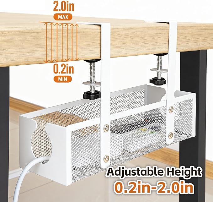 Under Desk Cable Management Tray – No Drill Metal Mesh Cord Organizer for Home Office & Standing, Adjustable Wire Organizer, Space-Saving Desk Tray (White)
