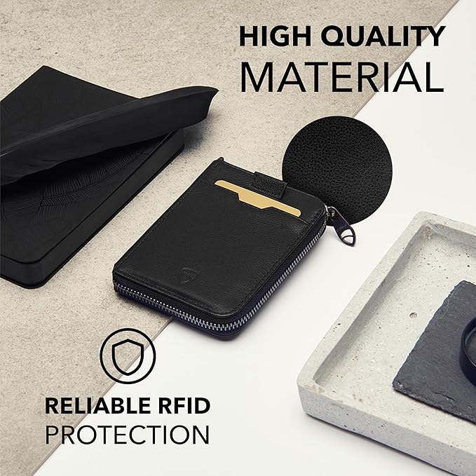 Vaultskin NOTTING HILL Minimalist Leather Zipper Wallet for Women and Men: Slim Multi Cardholder with RFID Blocking and Keychain Ring