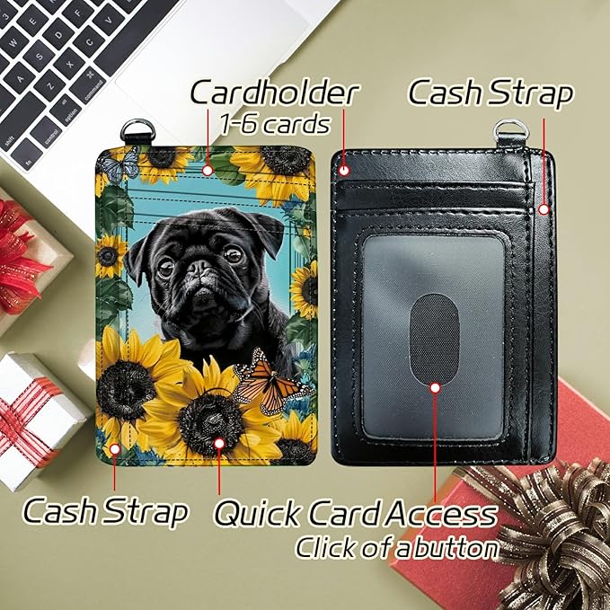 Small Travel Wallets, Sunflower Pug Slim Minimalist Front Pocket Wallet with Wristlet, RFID Blocking PU Leather Credit Card Holder with ID Window Change Purse for Men Women